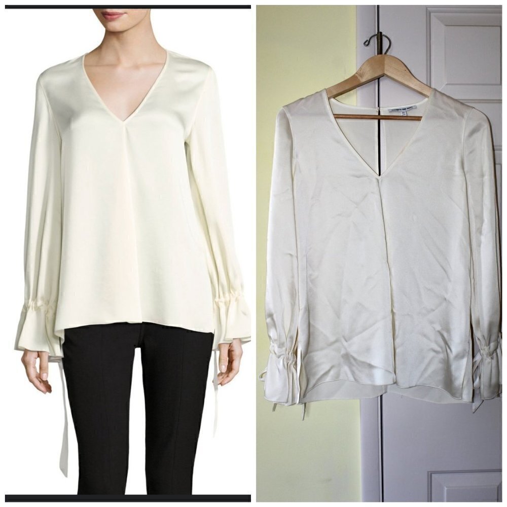 Elizabeth and James Adalina V-Neck Tie-Cuff Satin Blouse Size XS/M Alabaster